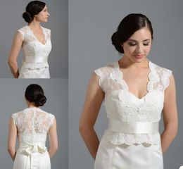 Lace Applique Bridal Wraps with A Ribbon Bolero For Wedding Dresses Custom Made Button Back Short Sleeve Jacket2548780