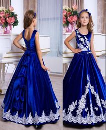 New Royal Blue Princess Girls Pageant Dresses Velvet Jewel Neck Ball Gown White Lace Appliques Bow Cheap Kids Wedding Flower Girls7219128