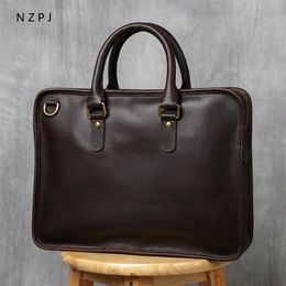 NZPJ Retro Men's Briefcase Leather Laptop Bag Top Layer Cowhide Casual Handbag 14 Inch Business Shoulder Bag Messenger Bag 240116