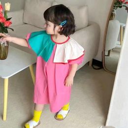 Girl Dresses Summer Baby And Girls Cotton Contrast Patchwork Lotus Leaf Neck Short-Sleeved Dress Kids Lovely Outfit Child Sweet Skirt 2-8