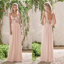 Rose Gold Summer Sequined Bridesmaid Dresses Spaghetti Straps Sequins Long Chiffon Ruffles Blush Pink Maid Of Honor Wedding Guest 319A