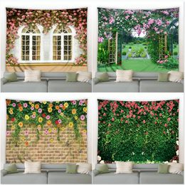 Pink Flowers Green Plants Landscape Garden Background Decor Tapestry Rural Scenery Mural Wall Hanging Bedroom Dorm Home Blanket 240117