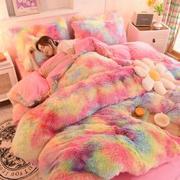 4Pcs Ultra Soft Plush Shaggy Duvet Cover with Pillowcases Colourful Tie Dye Fluffy Velvet Bedding Set with Hidden Zipper Closure 240117