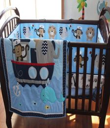 Crib bedding set 7Pcs Baby bedding set Embroidery Monkey elephant navigation blue sea whale Cot Bedding set Quilt Bumper Skirt9382739