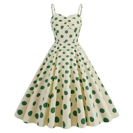 Casual Dresses Retro Style Long Swing For Women Fresh Holiday Big Polka Dot Suspender Neckline High Waisted Midi Dress