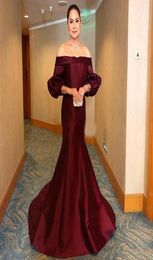 Plus Size Burgundy Mermaid Mother of the Bride Dresses Long Puffy Sleeves Beteau Neck Sweep Train Satin Evening Gowns Wedding Gues3933053