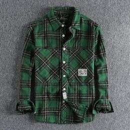 8112# Autumn Japanese Retro Cargo Sueded Plaid Shirt Men's Fashion 100% Cotton Washed Old Pocket Long Sleeve Casual Blouses 240117