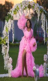 Puffy Bride Sleepwear Robes With Belt Soft Tiered Tulle Sexy V Neck Long Sleeve Custom Made Bright Pink Women Sleepwear Pajamas7822661