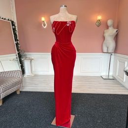 New Red Mermaid Prom Dress Velvet Beads Strapless Floor Length Elegant Evening Dresses Formal Occasion Gown Robe De Soriee 2024