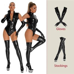 AIIOU Erotic Lingerie Wet Look Faux Leather Catsuit Women Sexy Zipper Open Crotch Bodysuit Sex Clothes Mistress Porno Costumes 240117