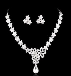 Necklace and Earring Crystal Bridal Jewelry silver plated necklace diamond earrings Wedding jewellery sets for bride Bridesmaids w8150624