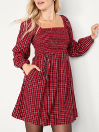 Casual Dresses Yoawdats Women S Y2K Plaid Print Long Sleeve A-line Dress Retro U-Neck Mini With Pockets For 2024 Christmas Party