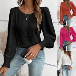 Women's Blouses Round Neck Lace Casual Solid Colour Shirt 2024 Autumn/Winter Elegant Office Lady Long Sleeved Blouse Women Top S-2XL