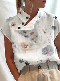 Women's Blouses Summer Blouse Women Tops Vintage Floral Print Short Sleeve White Casual Buttons Slit Stand Neck Top Blusas