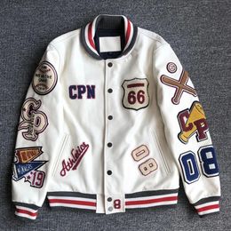 Streetwear PU Leather Baseball Jackets Mens Harajuku Casual Letter Pattern Flocking Embroidery Y2K Motorcycler Coats Unisex 240116