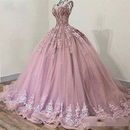 Dusty Rose Quinceanera Dresses Lace Applique Sheer Neck Sleeveless Luxury Beaded Sequins Ballgown Sweet 16 Birthday Party Formal W321D