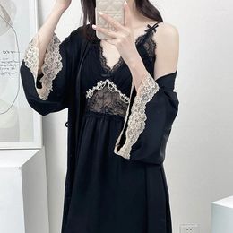 Women's Sleepwear Summer Sexy Patchwork Lace Bathrobe Suspender Nightgown Wedding Nighty&Robe Set Rayon Female Home Dress Loungewear