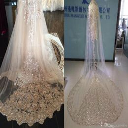 Newest Shiny Wedding Veils Sequins Appliqued Single Layer Champagne White Ivory 3M Length Bridal Veil Custom Made Long Head Dresse2697