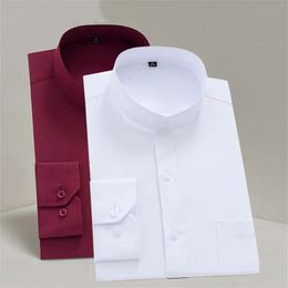 Chinese Stand Collar Solid Plain Regular Fit Long Sleeve Party Bussiness Formal Shirts For Men Mandarin Collar 240117