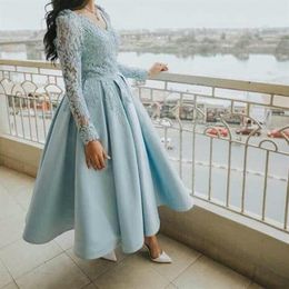 Light Blue Short Prom Dress With Illusion Long Sleeves Midi Formal Evening Dress Arabic Party Elegant Gowns2772