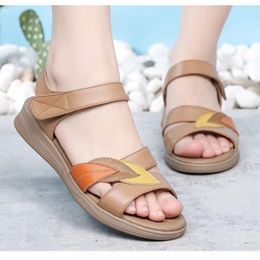 Sandals Women's 2024 Summer Color Flat Shoes Casual Lace Up Fine And Genuine Leather For Ladies Fashion Outdoor