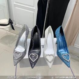 Dress Shoes Spring Sequined Rhinestone Heart-shaped Pointed Stiletto Slippers Bridal Wedding Banquet Large Size Women's