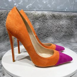 Dress Shoes Orange Purple Patchwork Women Flock Pointy Toe 8-12cm High Heel Faux Suede Elegant Stiletto Pumps Small Size 33 45