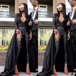 2019 Sexy Prom Dresses Stunning Jumpsuit Black Evening Wear Long Sleeves Sequins Beaded Prom Gowns With Detachable Train Custom Ma203H