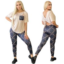 2024 Women Two Piece Pants Casual Backless T-shirt and Leggings Set Outfits Free Ship