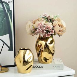 Vases Irregular Abstract Ceramic Vase Gold Plated Potted Plants Desk Decoration Flowers Pots Decorative Flower Arrangement Floral Vase YQ240117