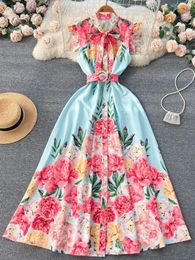 Runway Summer Holiday Flower Dress Women's Sleeveless Bow Tie Neck Single Breasted Floral Print Belt Boho Maxi Party Vestidos 240116