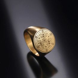 Enochian Magic Angel Ring Men Solomon Kabbalah Protection Amulet 14k Yellow Gold Hexagram Triangle Religious Jewelry