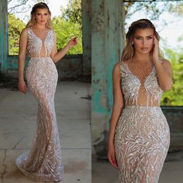 Princesa sereia vestidos de casamento sheer o pescoço luxo miçangas vestidos de noiva lantejoulas apliques feito sob encomenda vestido de noiva