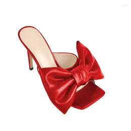 Slippers Red Bowknot Women Square Toe Zapatillas De Mujer Ladies Slingback Shoes Leather Stiletto High Heels Sapatos Feminino