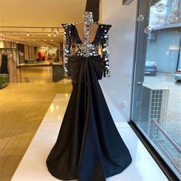 Dubai Black High Neck Crystal Evening Dresses 2021 Long Sleeve African Satin Plus Size Mermaid Formal Prom Party Gowns Robe De Soi299d