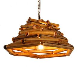 Bar Solid Wood Chandelier Cafe Restaurant vardagsrum te rum bb sovrum kreativt retro bark träremsa dekorativt ljus