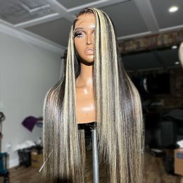 Peruvian Hair Highlight Blonde with Black Glueless 13X4 Lace Frontal Simulation Human Hair Wigs 1B/27 Bone Straight 360 full Lace Front Wigs for Women 200%