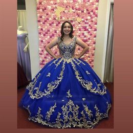 Vintage Royal Blue And Gold Embroidery Lace Quinceanera Dresses Prom Pageant Ball Gown V neck Corset Crystals Beaded Vestido De 162628