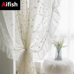 White Sheer Embroidered Flowers Tulle Curtain French Elegant Ruffle Design Linen Breathable Window Curtain for Living Rooms 240117