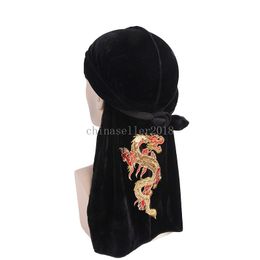 Unisex Chinese Dragon Thermoprint Lint Durag Turban Long-Tail Bandage Headscarf China Style Solid Beanie Women Man Wrap Head Hat