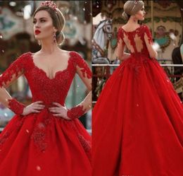 Custom Sleeves Wedding Dresses Plunging V-neck Lace Appliqued Red Puffy Long Arabic Dubai Formal Party Wear Gowns Celebrity