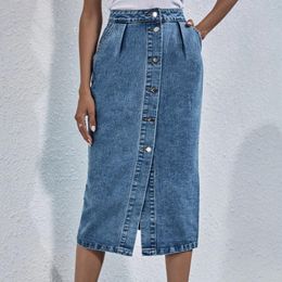 Skirts Women Long High Waist A Line Denim Skirt Single Breasted Sexy Slim Fit Hip Wrap Spliced Regular Sheath Ladies Elegant