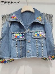 Women's Leather Faux Leather Heavy Industry Beads Colourful Crystals Denim Coat Women's High-Grade Jean Jacket Spring Summer New Single-Breasted Cropped Coat YQ240116