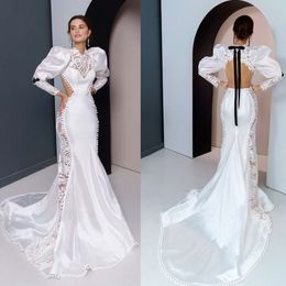 Modern Lace Mermaid Wedding Dresses Long Sleeves Bridal Gowns Backless Satin Sweep Train Bride Dresses Custom Made