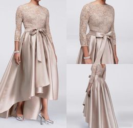 New Chic Champagne Aline High Low Mother Of The Bride Dresses Sequined Lace Top Long Sleeves Dresses Evening Wear Cheap Wedding G9510882