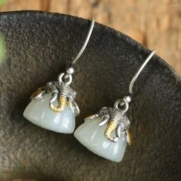 Dangle Earrings Natural White Jade Lotus Elephant Pure S925 Sterling Silver