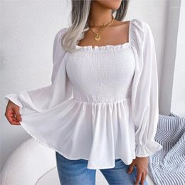 Women's Blouses 2024 Spring/Summer Casual Solid Colour Pullover Elegant Horn Sleeves Wooden Ear Square Collar Long Sleeve Chiffon Shirt