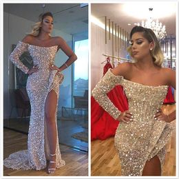 aso ebi arabic gold sparkly sexy evening dresses mermaid high split prom dresses sequined formal party second reception gowns dres174x