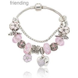 Pink Sakura Love Heart Pendant Charms Bracelet for 925 Silver 3mm Snake Chain Charm Bracelets Women with Original G40K