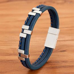 Charm Bracelets Black Brown Blue Three Layer Stitching Accessories Stainless Steel Men's Leather Bracelet Advanced Design Style Gif